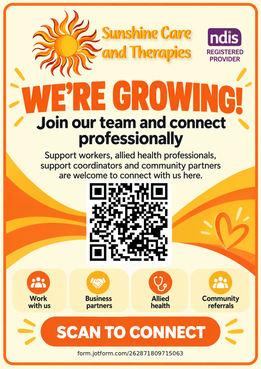 Sunshine Care and Therapies We're Growing flyer inviting referrals, partners and professionals